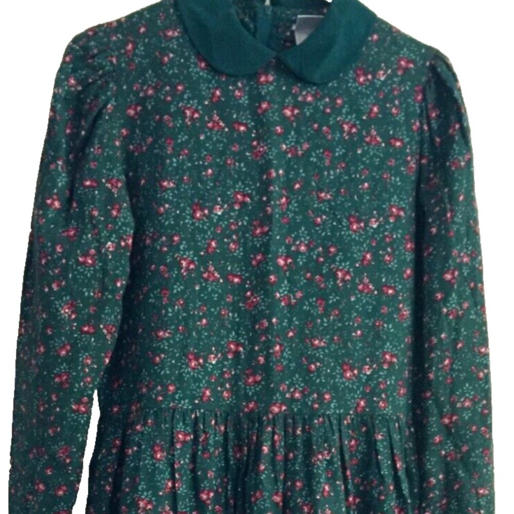 VINTAGE 80s LAURA ASHLEY DRESS WOMENS 10 GREEN FLORAL LONG SLEEVE GREAT BRITAIN